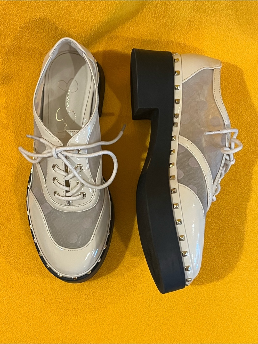 Jessica Simpson Chryse Polka Dot Flock Mesh & faux leather chunky oxfords. 6 - Picture 2 of 12